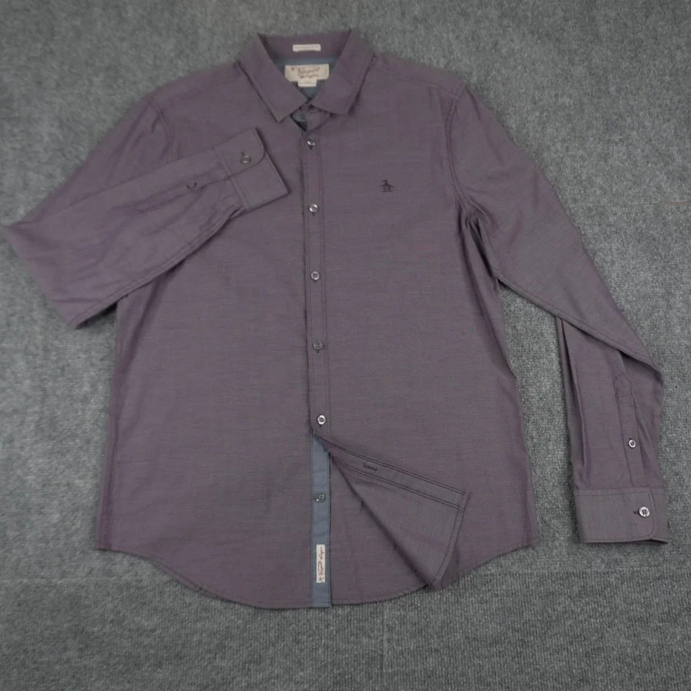Original Penguin Button Up Shirt Mens Large Purple Heritage Slim Fit Long Sleeve